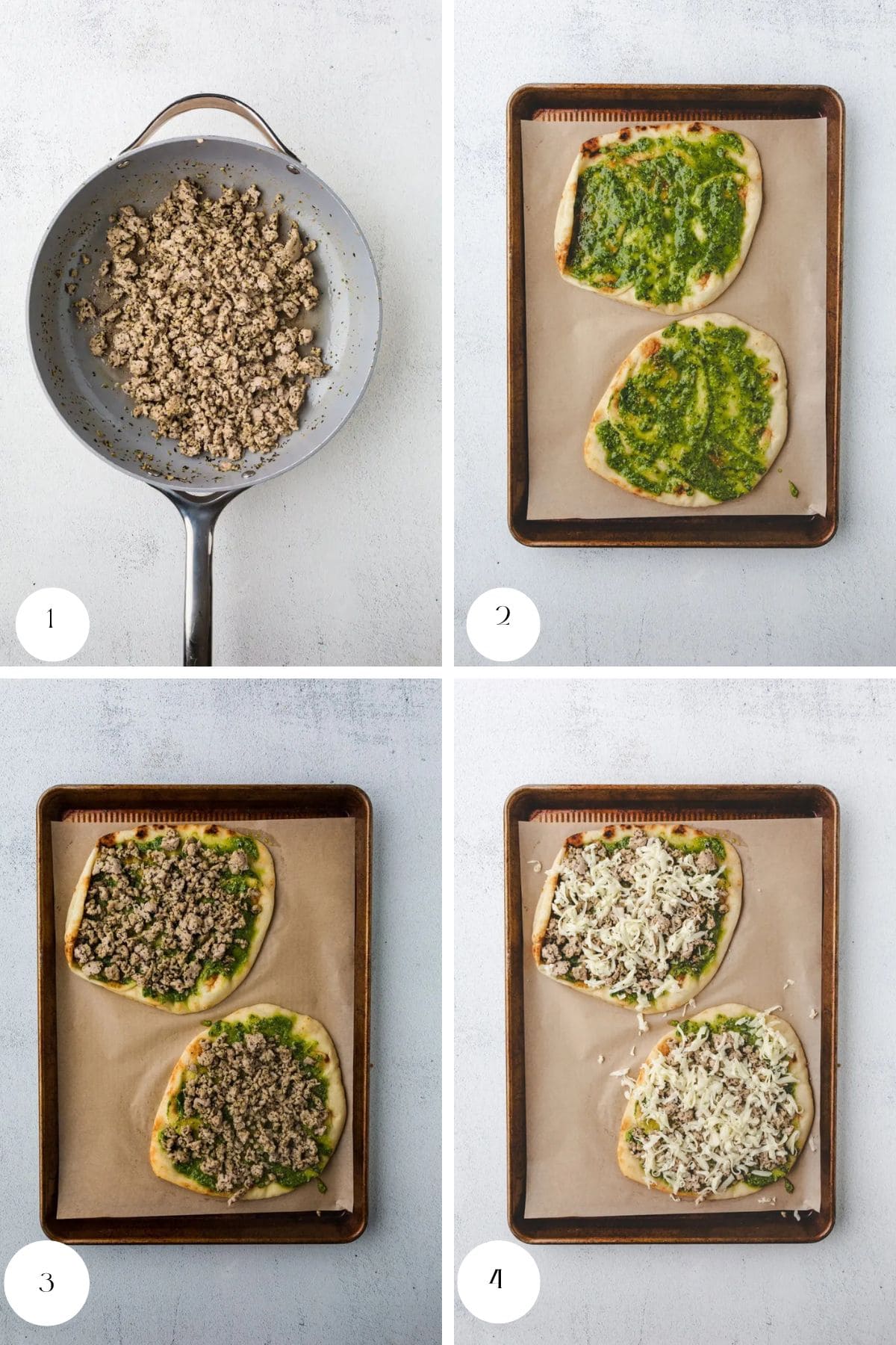 Four images show steps to make chicken pesto flatbread: 1) Ground turkey cooking in a pan. 2) Flatbreads spread with green pesto. 3) Flatbreads topped with turkey. 4) Finished with shredded cheese, ready to bake.