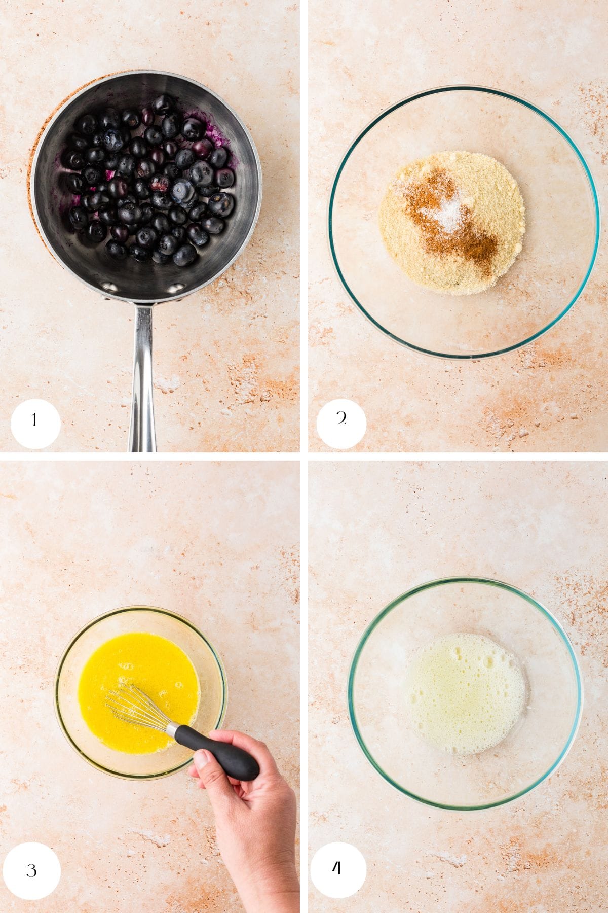 Step-by-step collage: 1) Blueberries in a saucepan. 2) A glass bowl with almond flour and spices for almond flour waffles. 3) A hand whisking wet ingredients. 4) Foamy beaten egg whites in a glass bowl.