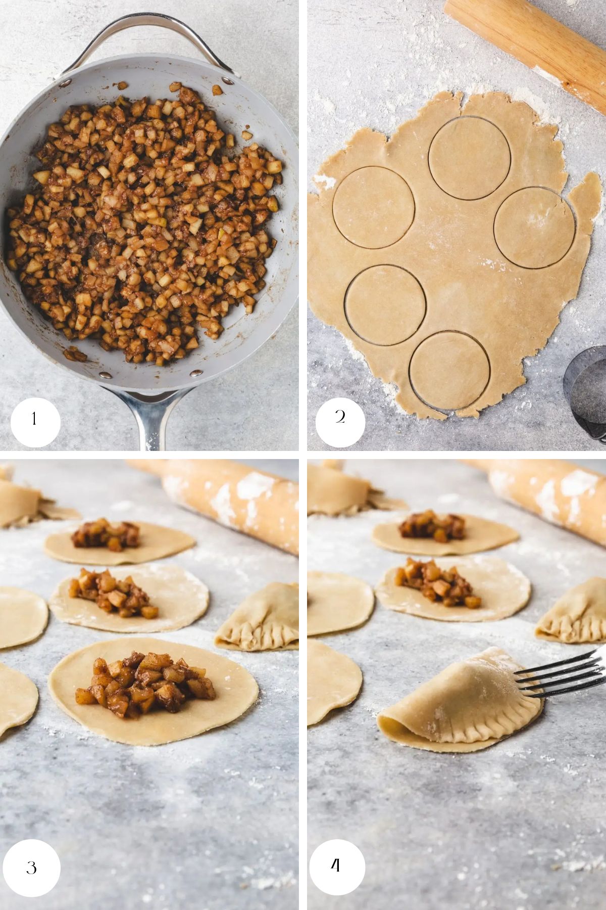 Four image steps show making an apple empanada recipe: 1) Cooked diced apple filling in a pan. 2) Dough rolled and cut into circles. 3) Dough circles topped with apple filling. 4) Folding and sealing pies with a fork.