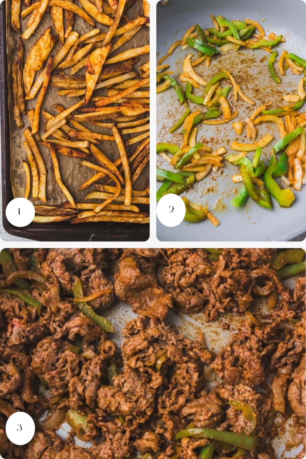 Three-image collage: 1) Baked French fries on a tray, 2) Sliced green bell peppers and onions cooking in a skillet, 3) Sautéed beef strips with peppers and onions—perfect for delicious carne asada fries.