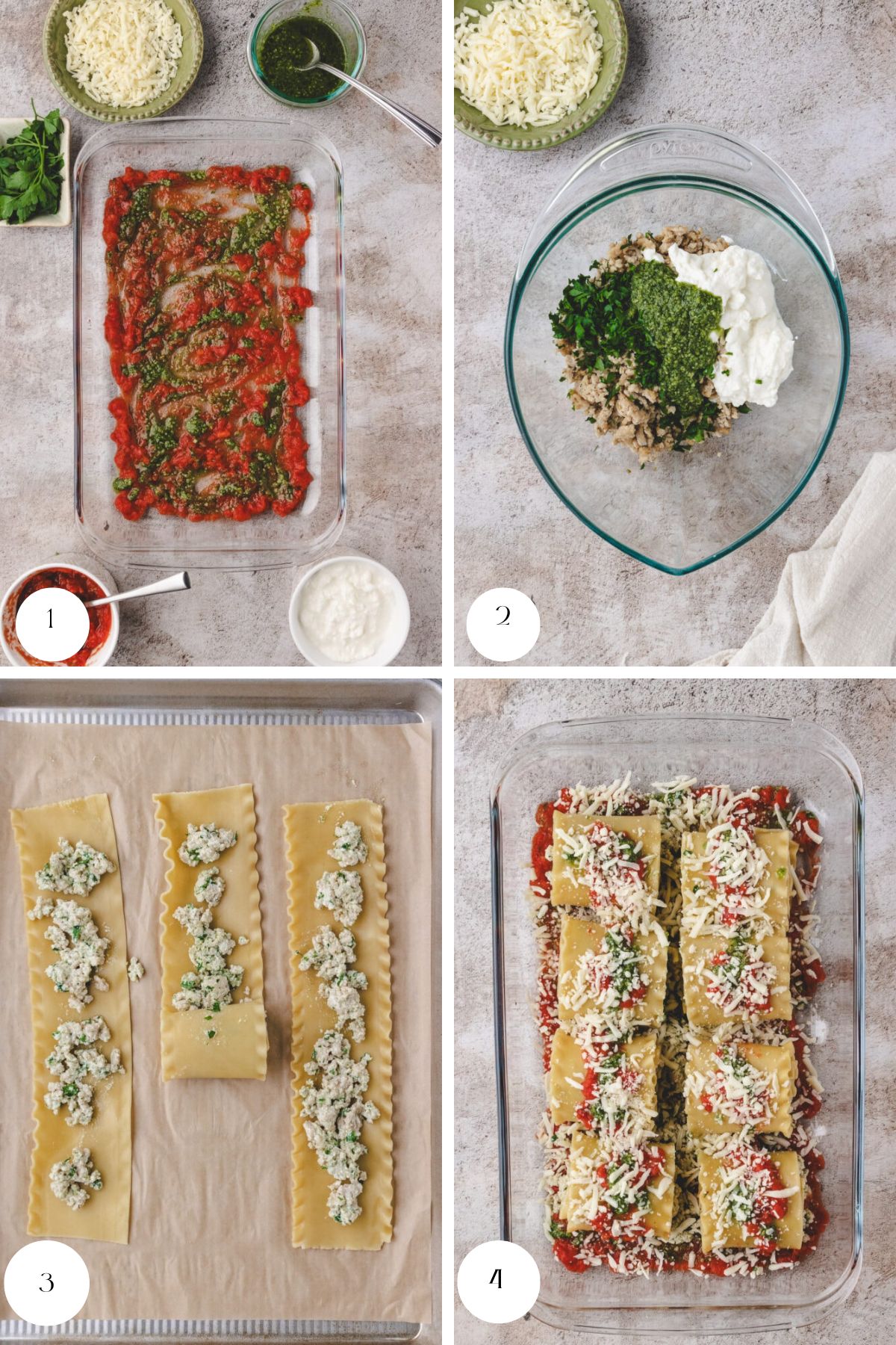 A four-step collage shows making chicken pesto lasagna roll ups: 1) Tomato and pesto sauce spread in a dish, 2) Ricotta, spinach, mushroom, and chicken mixture in a bowl, 3) Lasagna noodles topped with filling, 4) Roll ups topped with cheese.