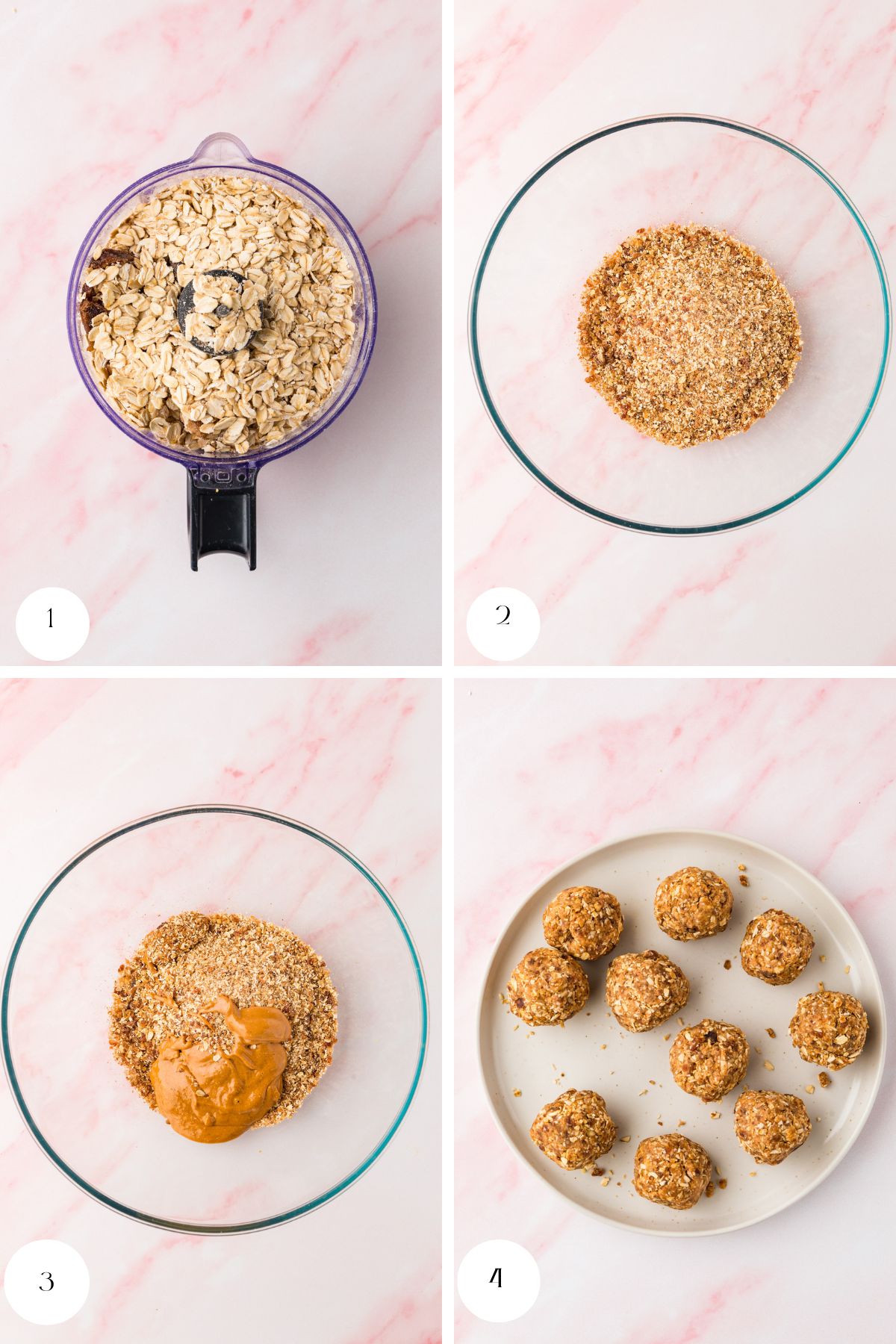 Four-step collage showing: 1) oats in a food processor, 2) ground oats in a glass bowl, 3) ground oats mixed with peanut butter and dates, 4) round peanut butter and date protein balls on a plate.