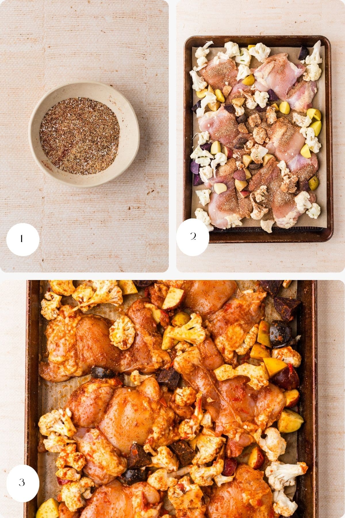 Step-by-step images: 1) A bowl of mixed spices for a harissa chicken recipe. 2) Raw chicken thighs and vegetables on a baking sheet, sprinkled with the spice mix. 3) Roasted chicken and vegetables, golden and cooked, on the same baking sheet.