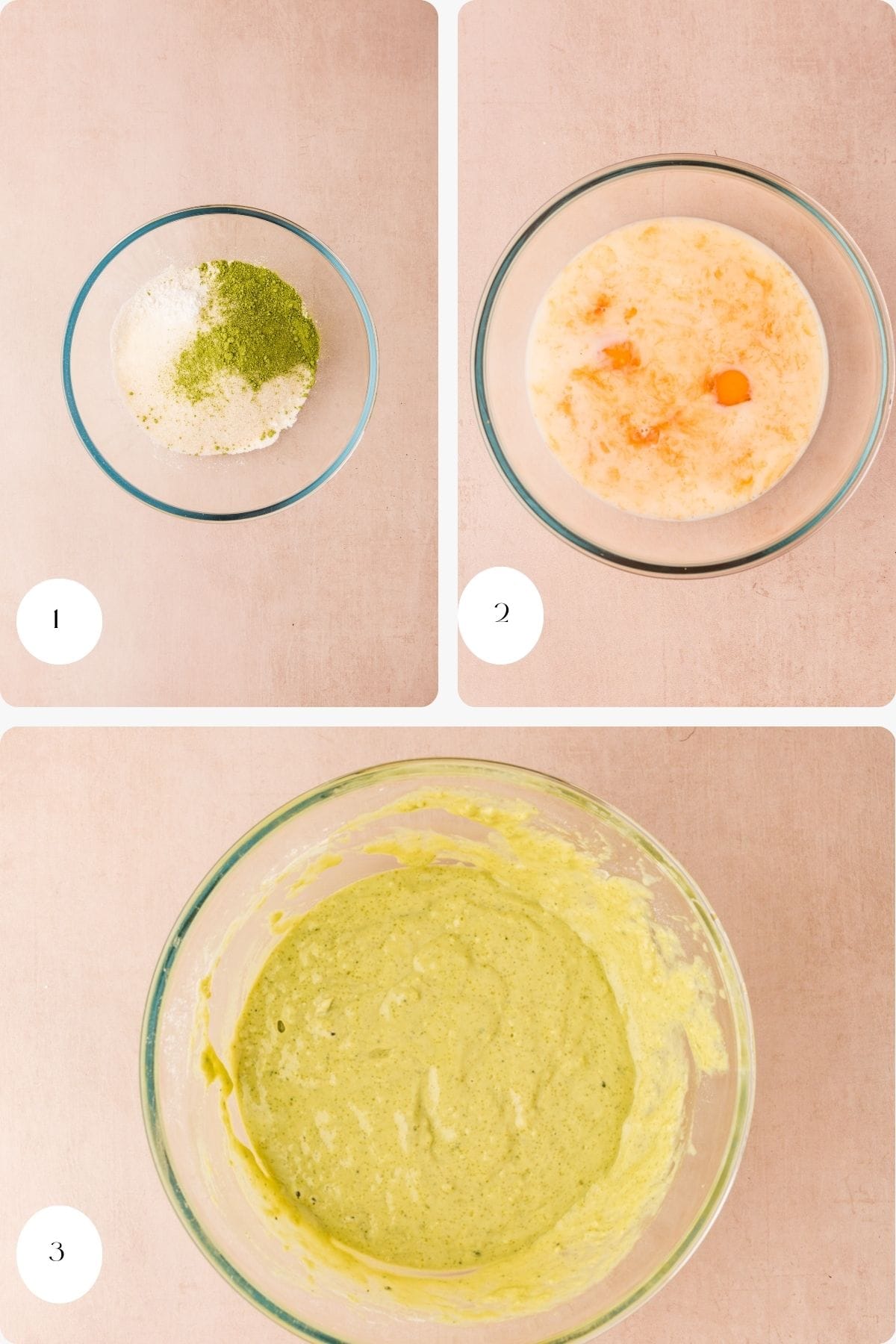 Three-step process for making matcha pancake batter: 1) Dry ingredients with matcha powder in a bowl. 2) Wet ingredients including an egg in another bowl. 3) Both mixtures combined into a smooth, light green batter.