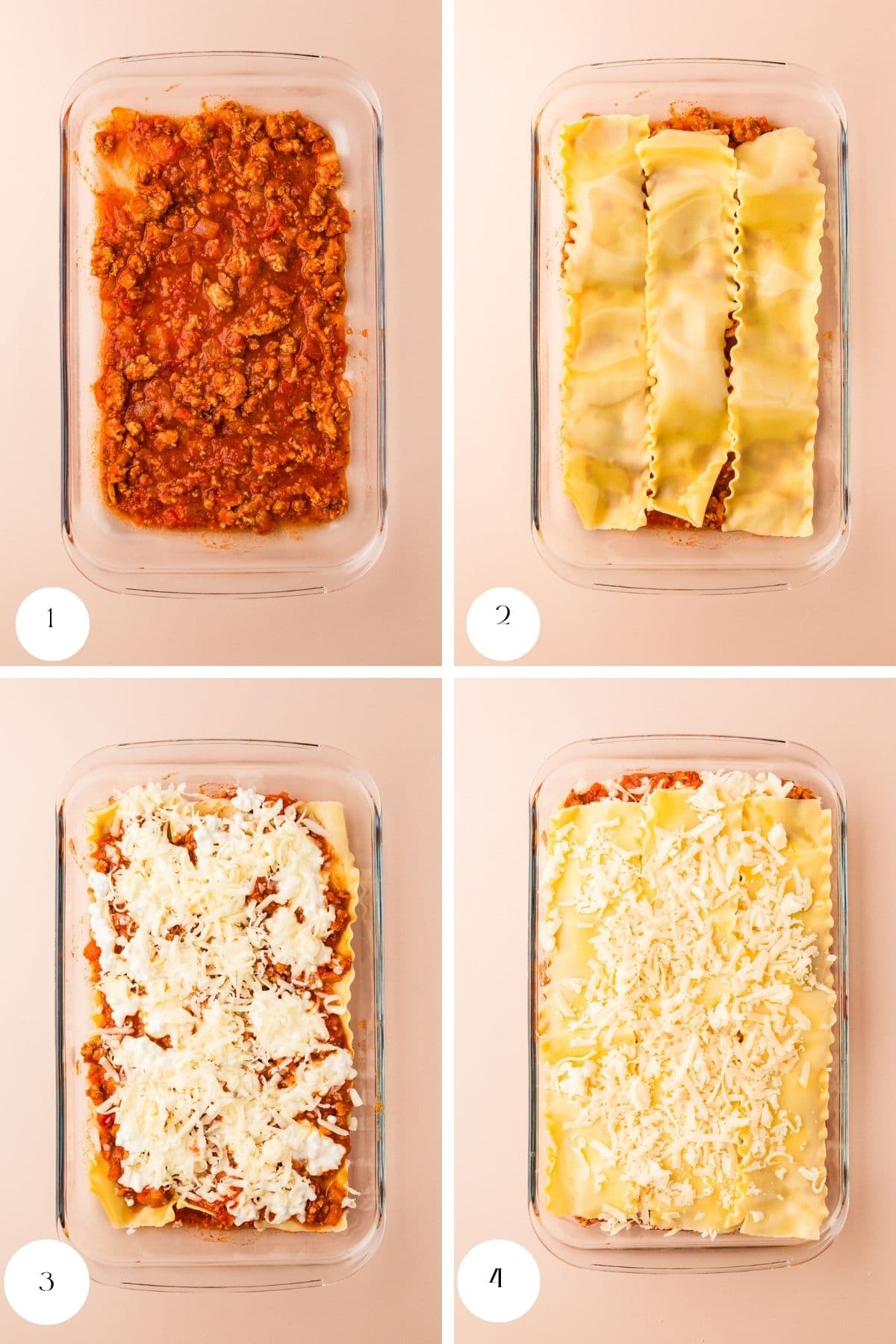 Four-panel image showing steps to make lasagna: 1) meat sauce in a glass baking dish, 2) lasagna noodles layered on top, 3) cheese spread over the noodles, 4) more noodles and cheese layered on top.