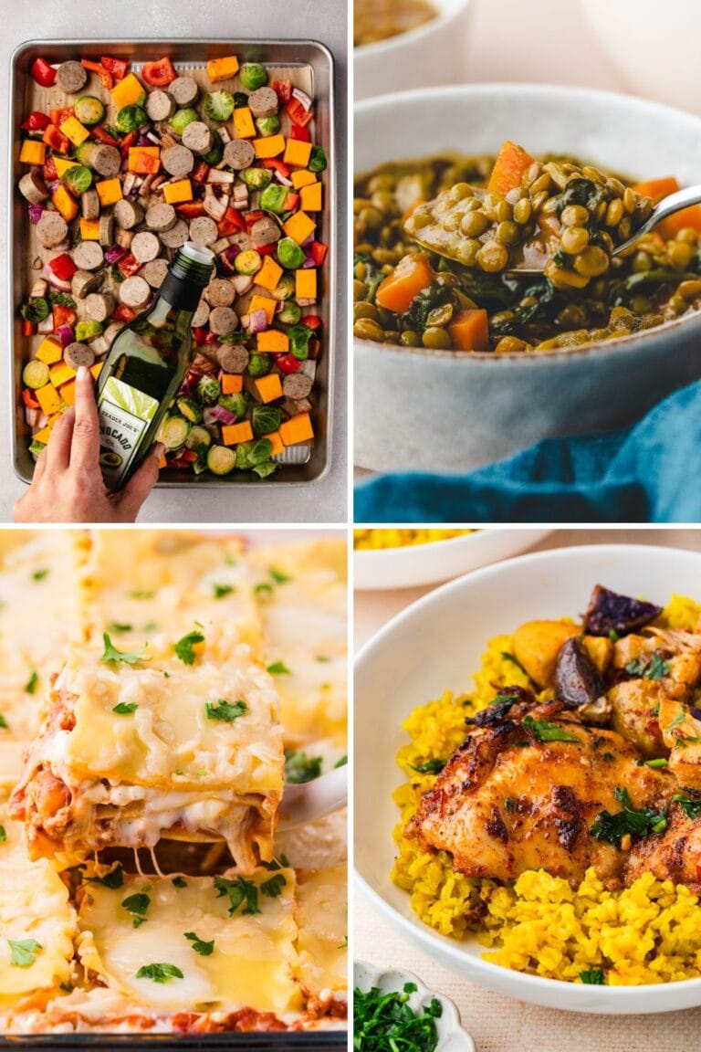 A collage of four food images: a tray of colorful chopped vegetables and sausage, perfect for fall dinner ideas, a spoonful of lentil soup, cheesy lasagna being served, and spiced chicken over yellow rice with roasted vegetables.