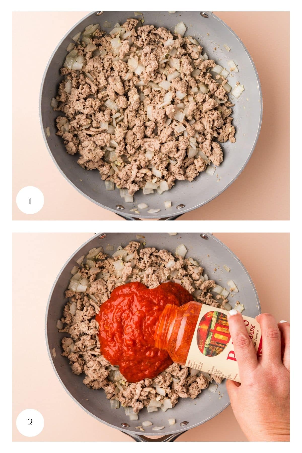 Two images: 1) Sautéed ground meat and diced onions in a skillet. 2) A hand pouring tomato pasta sauce from a jar onto the meat mixture in the skillet.