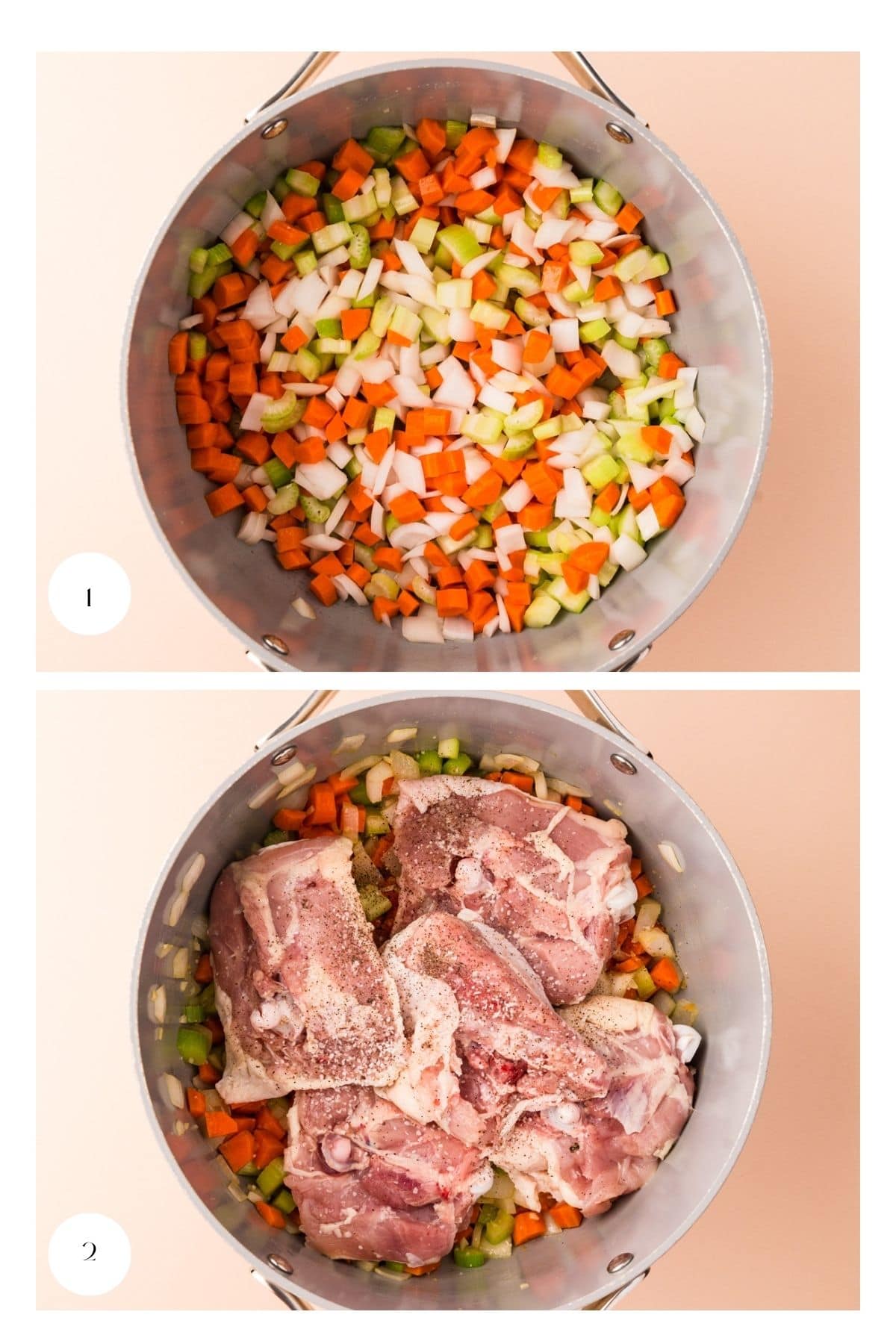 Image 1: A large pot filled with chopped carrots, celery, and onions. Image 2: The same pot with raw pork pieces placed on top of the chopped vegetables.
