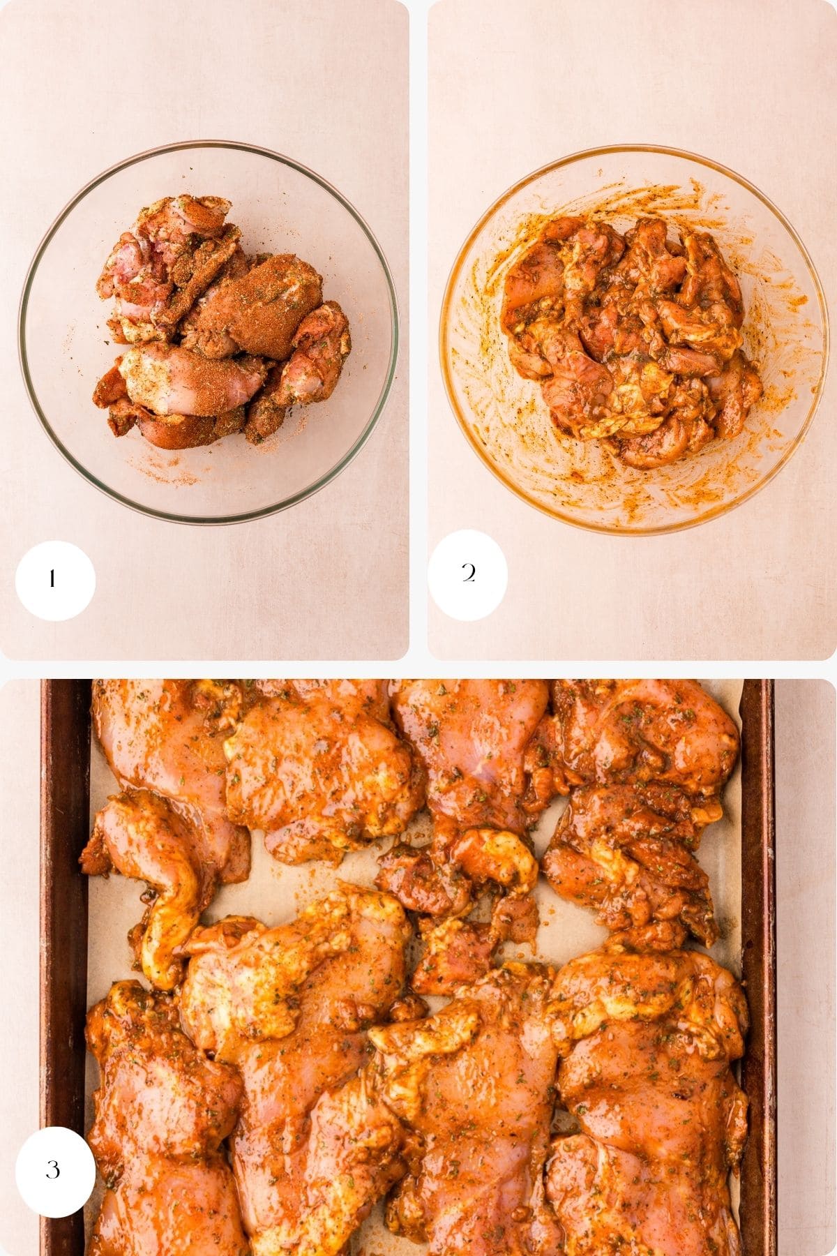 Three steps for preparing honey mustard chicken thighs: 1) Chicken thighs with seasoning in a bowl. 2) Chicken mixed with honey mustard marinade. 3) Marinated chicken spread on a baking sheet, ready to cook.