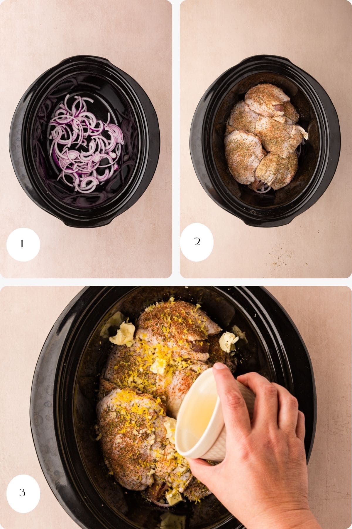 Step-by-step images showing: 1) sliced red onions in a slow cooker, 2) seasoned chicken thighs placed on top, and 3) a hand pouring liquid over the chicken with lemon zest and butter visible.