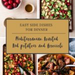 A step-by-step collage shows roasted red potatoes and broccoli being prepped, seasoned, and roasted on a baking sheet, then tossed in a bowl. Text overlay reads “Mediterranean Roasted Red Potatoes and Broccoli.”.