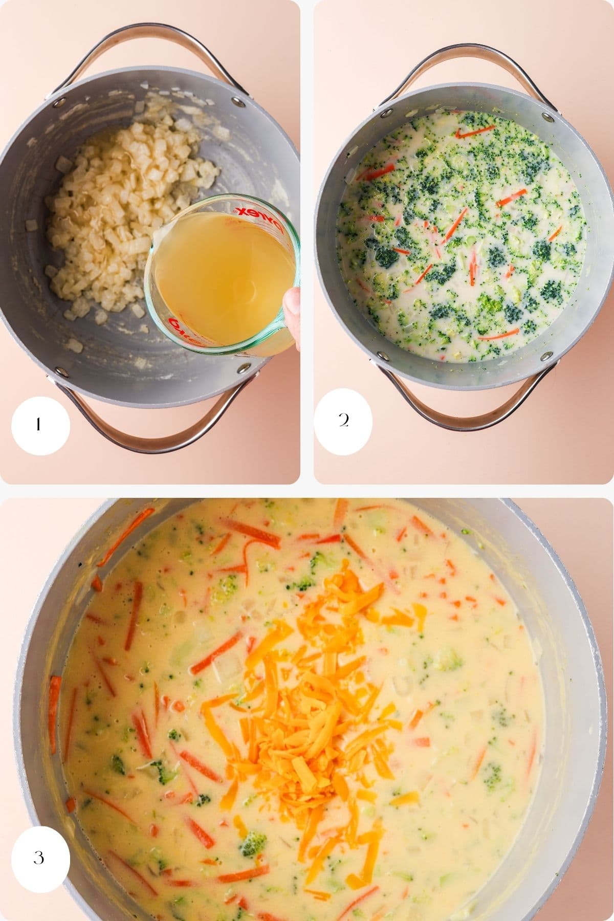 Step-by-step images showing a pot with diced onions, adding broth, then broccoli and carrots, followed by shredded cheddar cheese being added to a creamy soup.