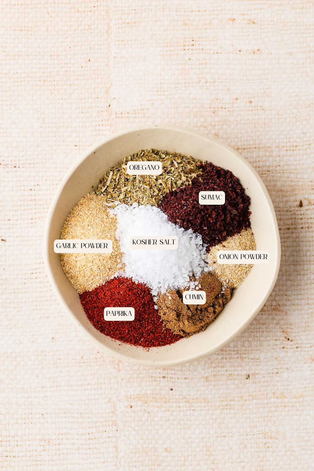 A bowl containing separated piles of Mediterranean Spice Mix ingredients—oregano, sumac, onion powder, cumin, paprika, garlic powder, and kosher salt—arranged on a light textured surface.