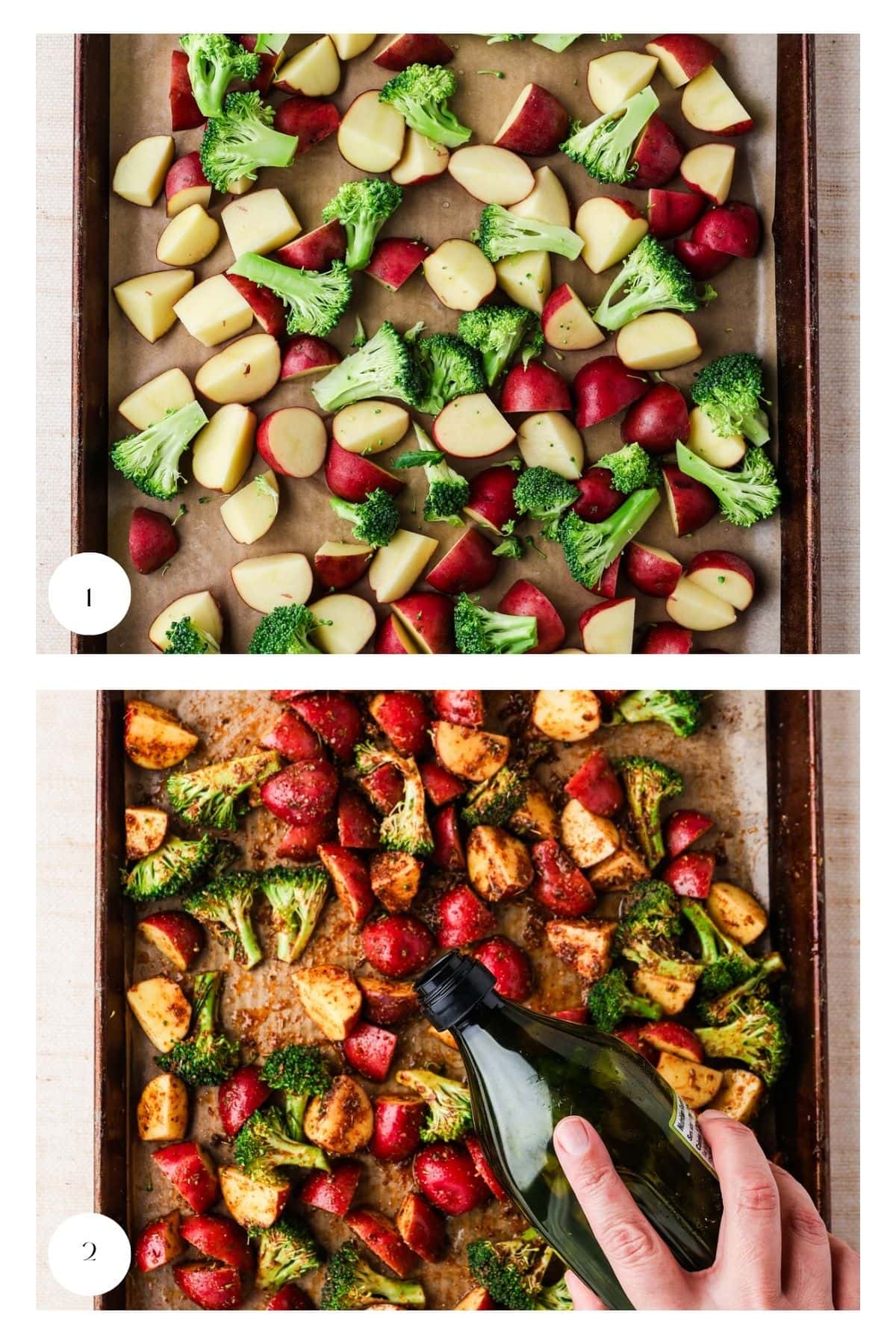 Top image: Raw broccoli florets and diced red potatoes spread on a baking sheet. Bottom image: Freshly roasted red potatoes and broccoli on a baking sheet, with a hand pouring olive oil over them.