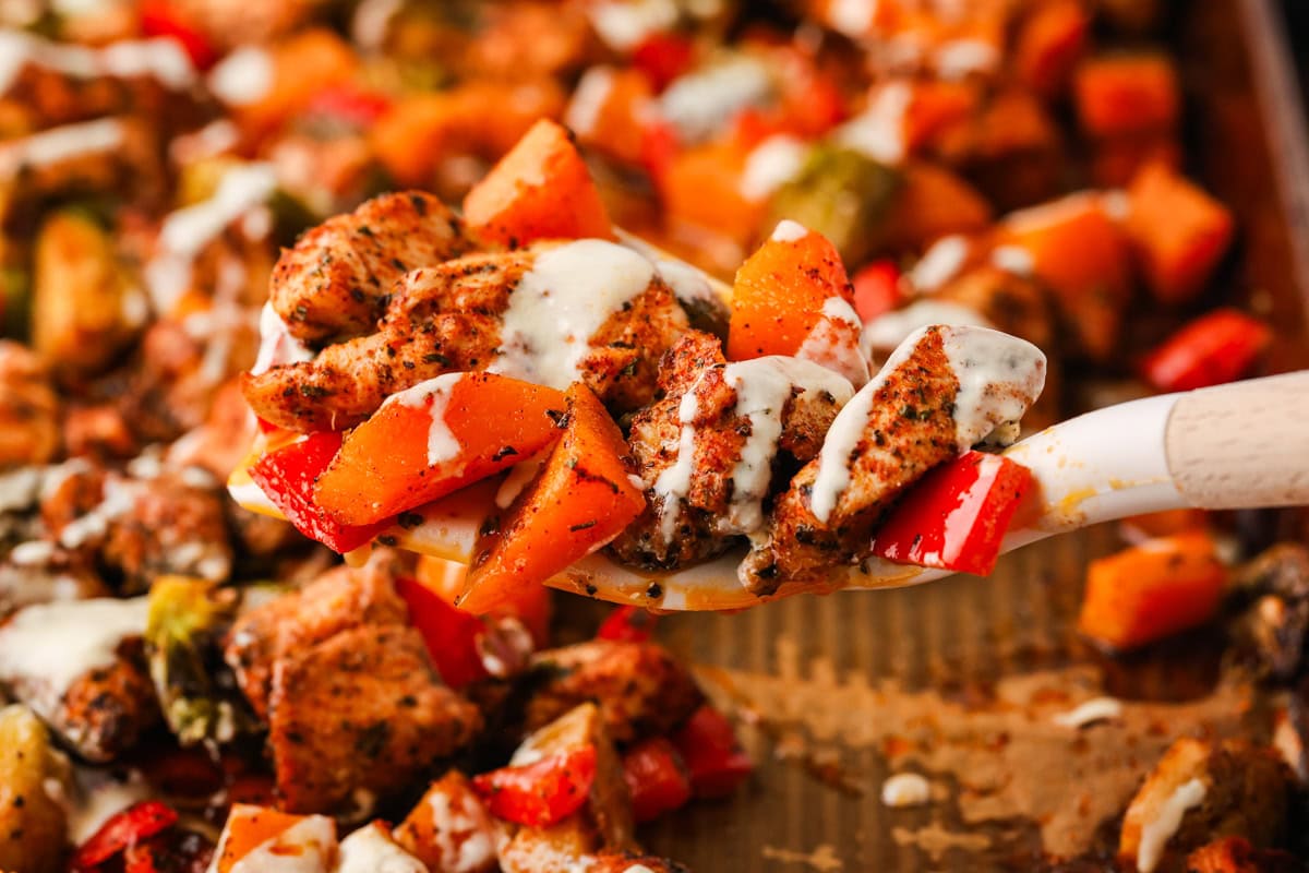 A close-up of a spoonful of roasted chicken pieces and colorful bell peppers, topped with a drizzle of creamy white sauce, held above a baking tray filled with more of the same mixture.
