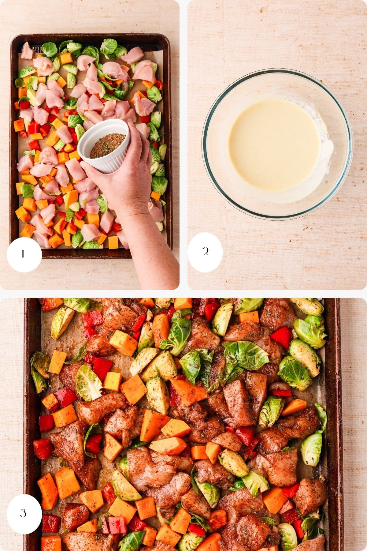 1. Raw chopped vegetables and sheet pan chicken breast on a baking sheet as a hand sprinkles seasoning on top. 2. A glass bowl containing a creamy sauce mixture. 3. Roasted chicken and vegetables cooked and golden on the baking sheet.