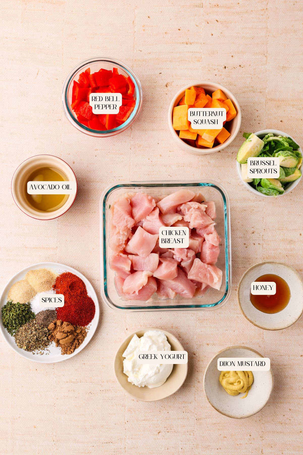 Top-down view of sheet pan chicken breast ingredients in bowls and plates labeled: diced chicken breast, red bell pepper, butternut squash, brussel sprouts, avocado oil, spices, Greek yogurt, Dijon mustard, and honey on a beige surface.