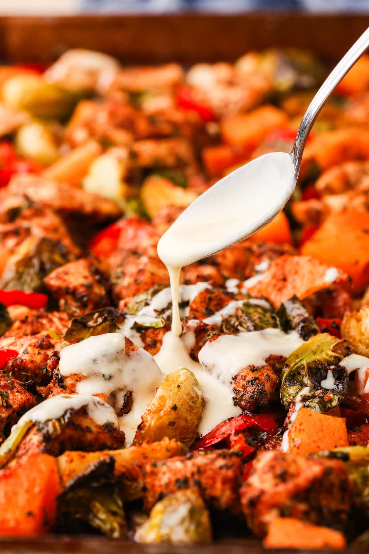 A close-up of sheet pan chicken breast and roasted vegetables on a tray, with a spoon drizzling creamy white sauce over the top. The dish features colorful chunks of squash, brussels sprouts, and red peppers.