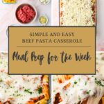 Collage showing ingredients (pasta, ground beef, sauce, cheese, onion, garlic) and steps for making a Beef Pasta Casserole, with a text overlay reading “Simple and Easy Beef Pasta Casserole: Meal Prep for the Week.”.