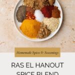 A white bowl filled with various spices in small piles, including turmeric, paprika, pepper, and seeds, sits on a marble surface. Below, text reads RAS EL HANOUT SPICE BLEND and a website link is shown.