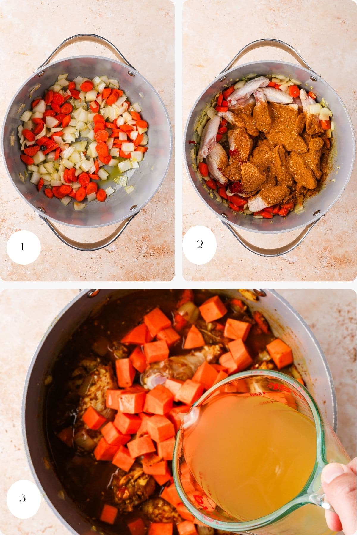 A three-step cooking process: 1) Chopped onions and carrots in a pot, 2) marinated chicken wing stew meat added, 3) diced sweet potatoes and broth poured into the mixture.