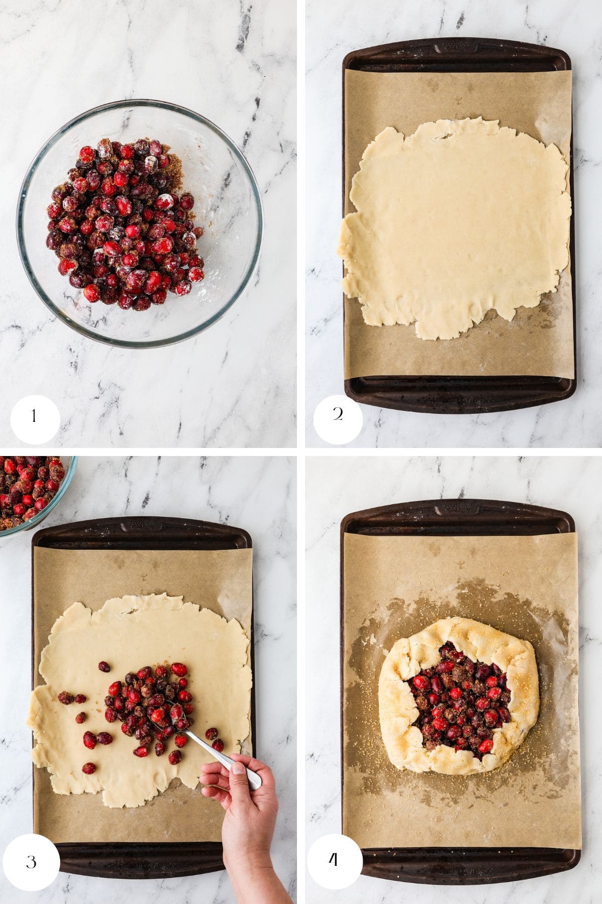 Four-panel image showing steps for making a cranberry galette: mixing cranberries in a bowl, rolling out dough on a baking sheet, spreading berries over the dough, and folding the dough edges over the cranberry filling.