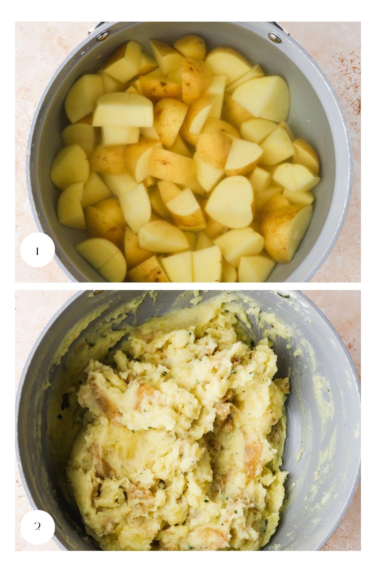 Image shows two steps in making mashed potatoes with buttermilk: 1. A pot filled with chopped potatoes submerged in water. 2. The same pot with roughly mashed, cooked potatoes, skins partially visible.