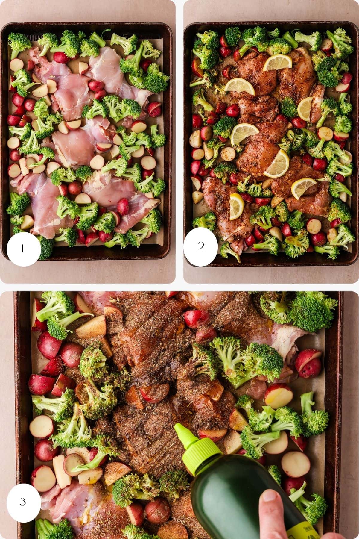 Three images show a sheet pan with raw chicken, broccoli, radishes, and potatoes: first with plain ingredients, then with seasonings and lemon slices, and finally with a hand drizzling green sauce over the spiced mixture.