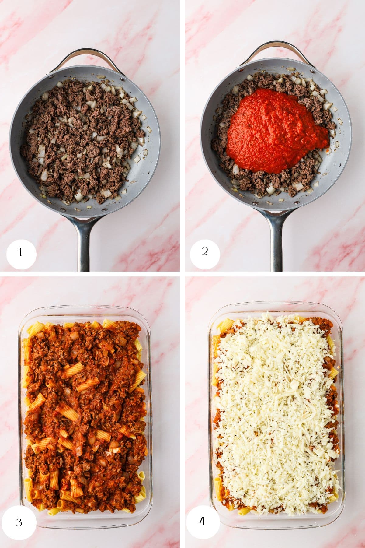 Avoid common fails of pasta with these four steps: 1) Brown ground beef and onions, 2) Add tomato sauce, 3) Spread meat sauce over pasta in a baking dish, and 4) Top with shredded cheese before baking.