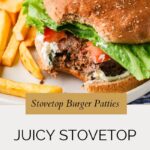 A plate with a partially eaten bison burger in a whole wheat bun, topped with lettuce and tomato, served with French fries and ketchup. Text reads: Juicy Stovetop Bison Burgers—delicious bison burgers made quick and easy on the stovetop.