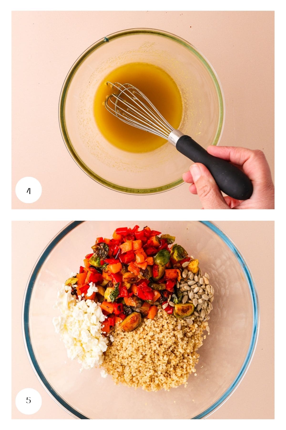 Top image: A hand holds a whisk in a bowl of dressing. Bottom image: A bowl with quinoa, chopped roasted vegetables, sunflower seeds, and crumbled cheese before mixing.