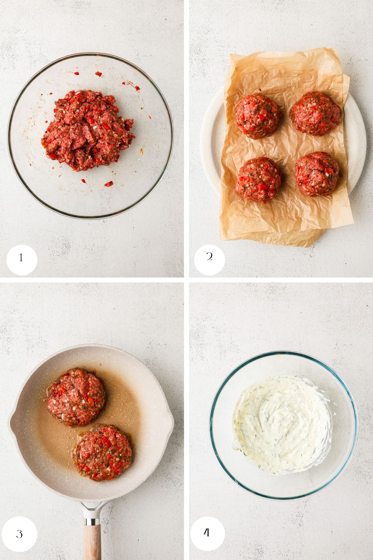 Four-step collage: 1) Ground bison burger mixture in a glass bowl. 2) Four formed patties on parchment paper. 3) Two burgers cooking in a frying pan. 4) Bowl of creamy white sauce with herbs—all on a white surface.
