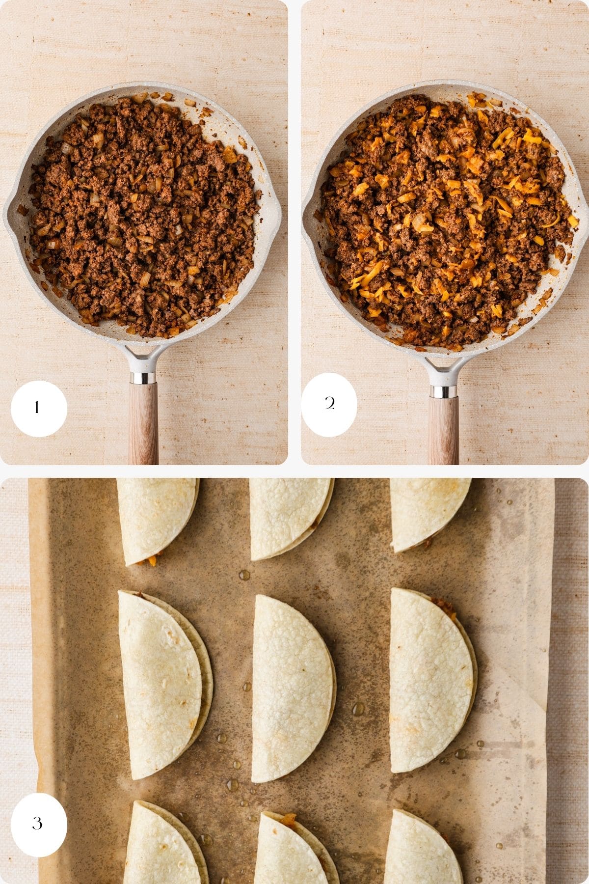 Step-by-step images show: 1) Ground beef cooking in a skillet, 2) Ground beef mixed with shredded cheese in the skillet, 3) Corn tortillas folded in half on a baking sheet, ready to bake.