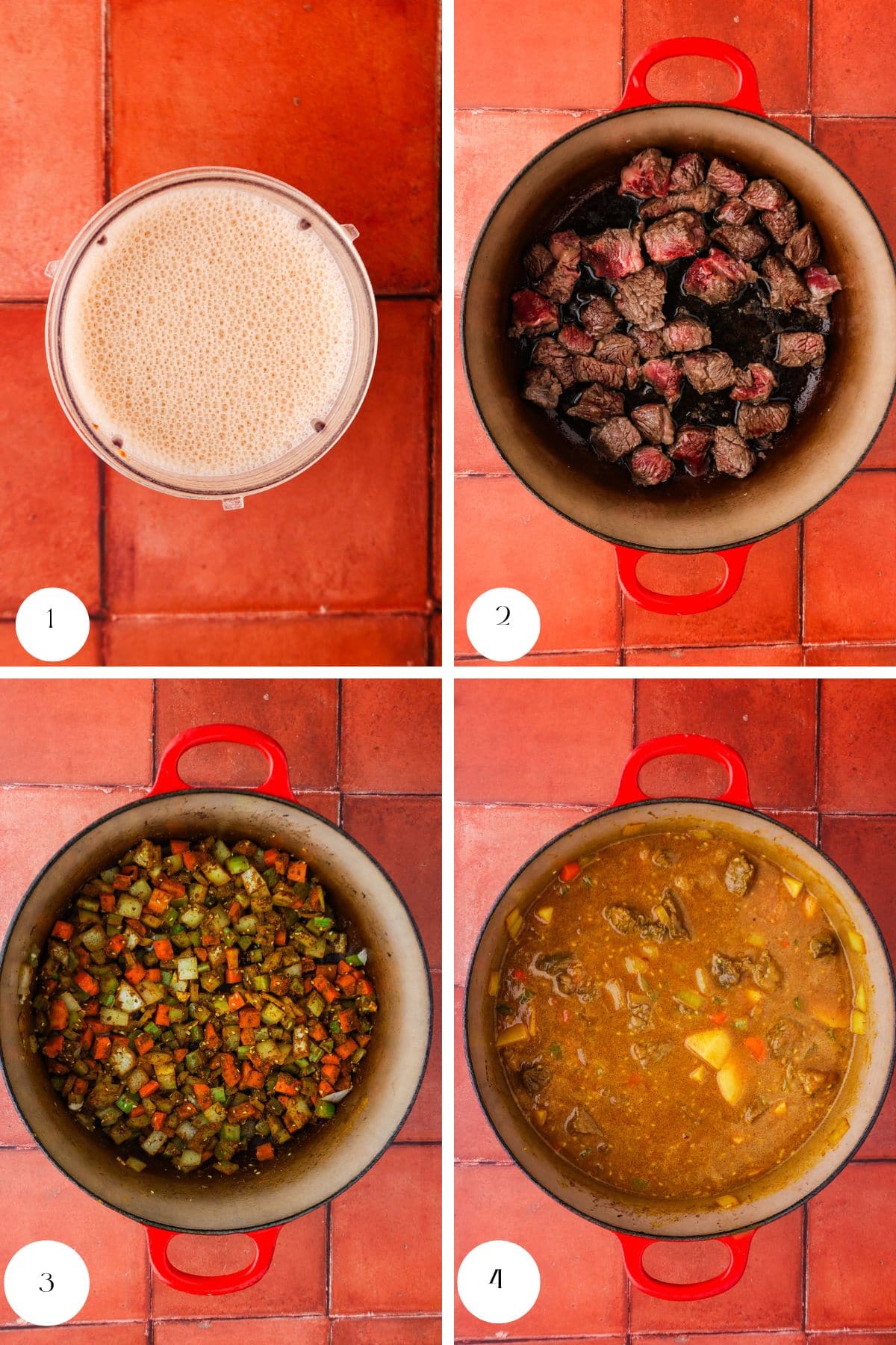 A four-step collage shows: 1) a blender with foamy liquid, 2) a pot with browned beef cubes, 3) a pot with sautéed diced vegetables, and 4) a pot of beef stew with chunks of meat and vegetables in broth.