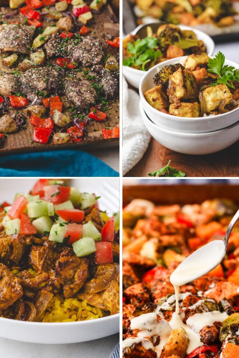 A collage of four Middle Eastern-inspired sheet-pan dinner ideas: spiced chicken and veggies on a tray, roasted potatoes in a bowl, chicken with yellow rice topped with cucumber salad, and white sauce poured over roasted meat and vegetables.