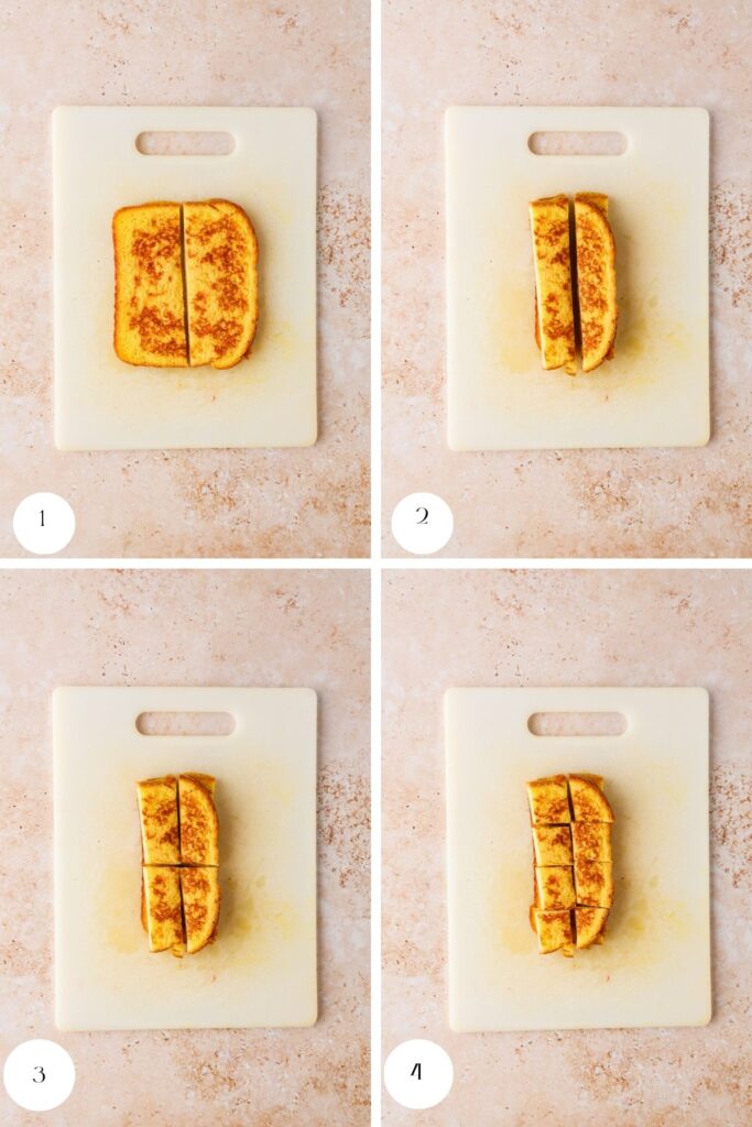 Four images show a grilled cheese sandwich on a cutting board, each cut into smaller pieces—perfect for serving alongside treats like french toast kebabs: 1) cut in half; 2) in quarters; 3) six pieces; 4) eight pieces.