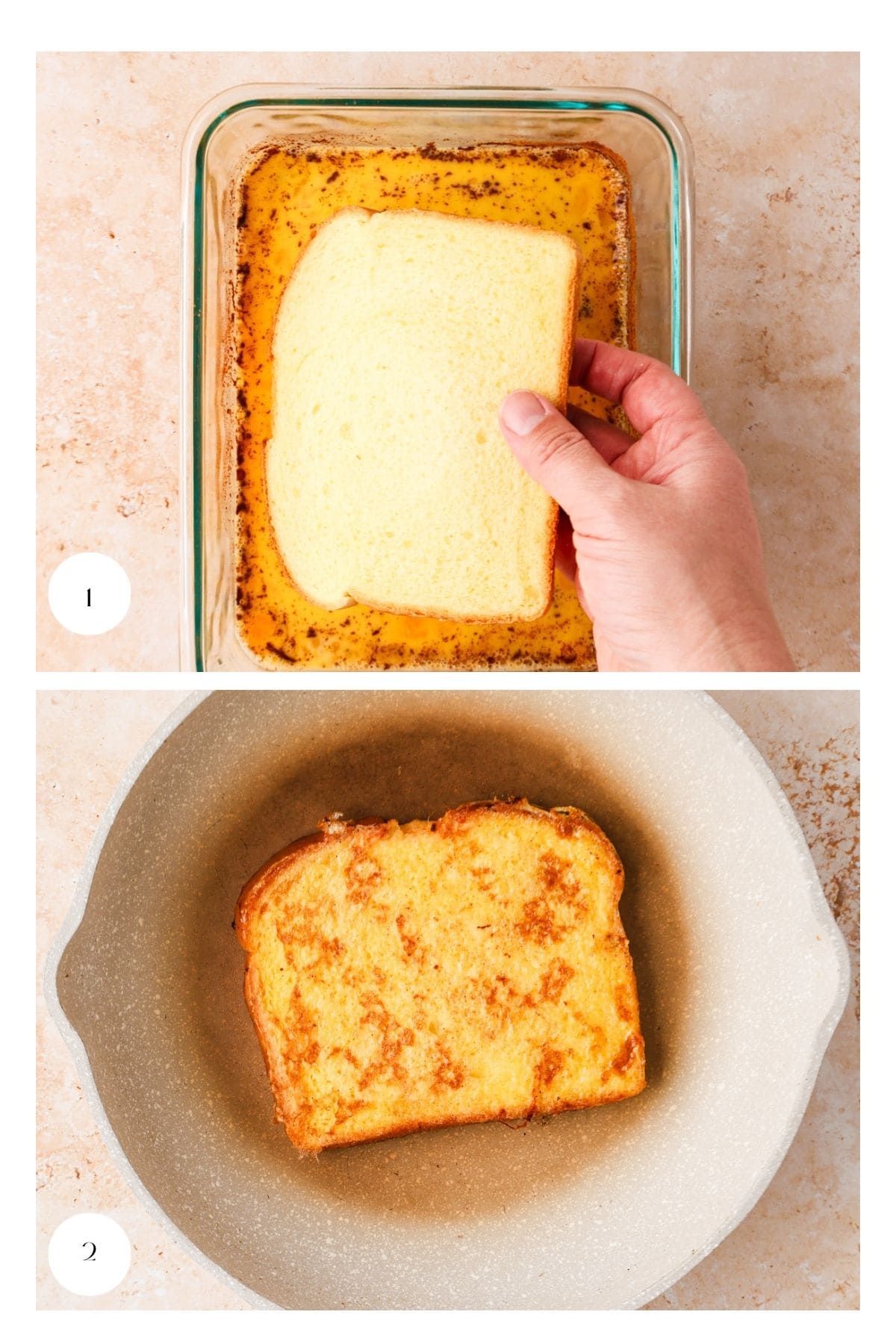Top: A hand dips a slice of bread into an egg mixture in a glass dish. Bottom: The coated bread cooks in a gray skillet, becoming golden brown—perfect for assembling into delicious french toast kebabs.