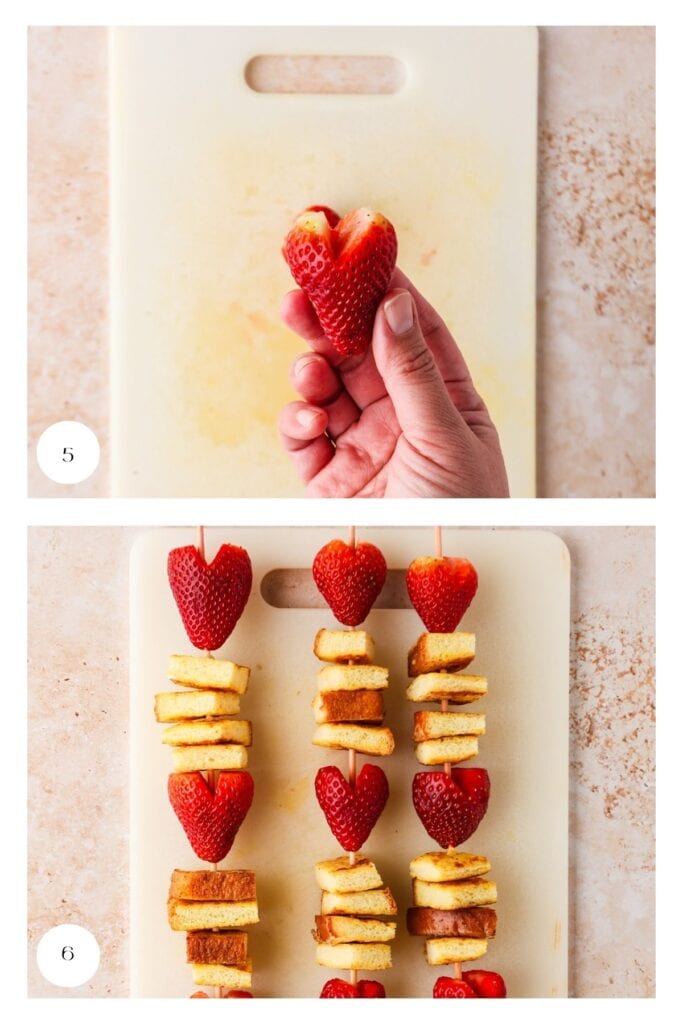 Top image: A hand holds a strawberry cut in half and shaped like a heart on a white cutting board. Bottom image: French toast kebabs with heart-shaped strawberries and pieces of French toast on wooden skewers rest on the cutting board.