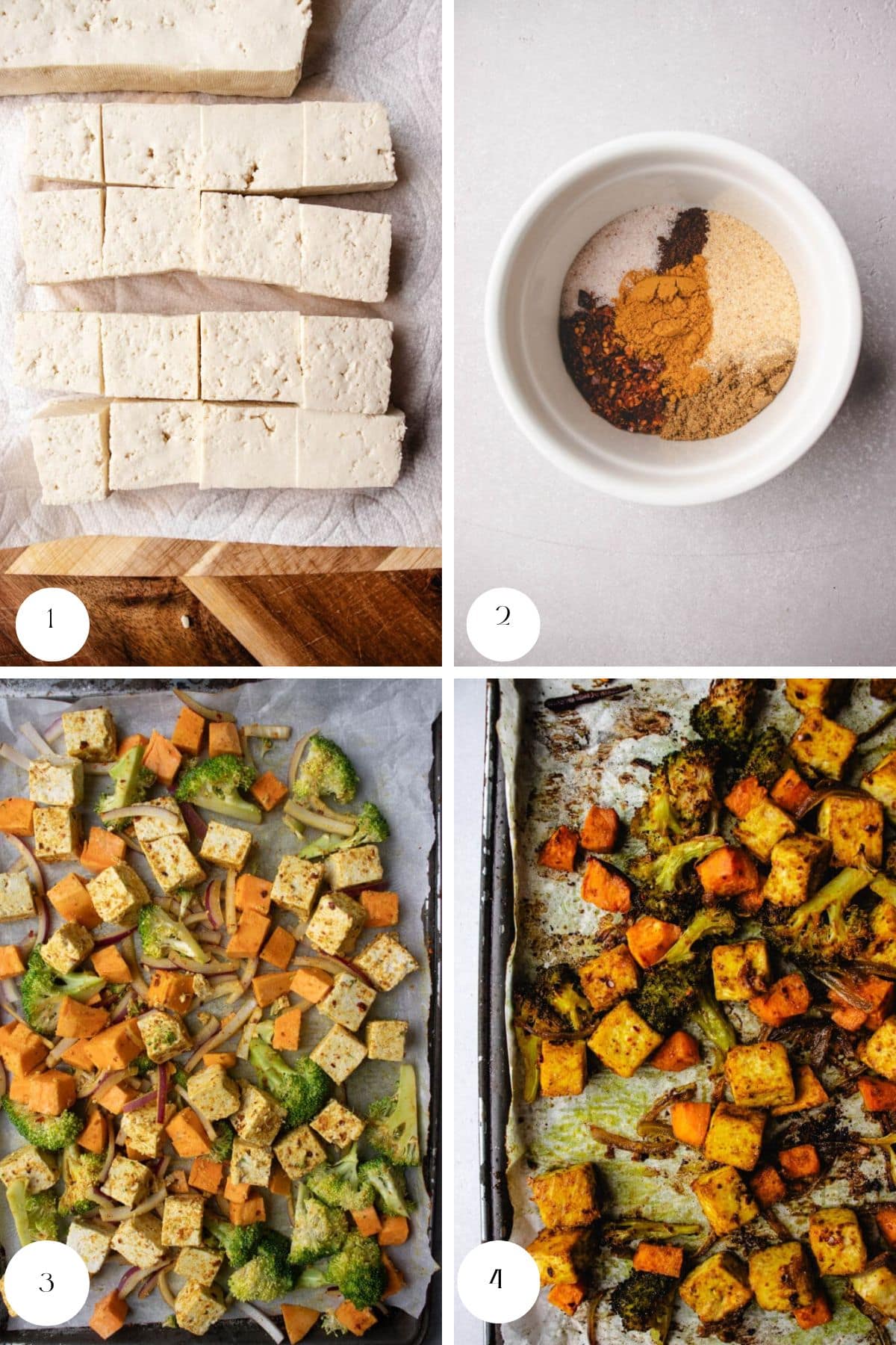 Four images show a step-by-step tofu sweet potato bowl recipe: 1. Cubed tofu on a towel. 2. A bowl of assorted spices. 3. Chopped tofu, sweet potato, and veggies on a baking tray, uncooked. 4. The tray with everything roasted.