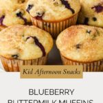 A close-up of golden Blueberry Buttermilk Muffins on a light surface with a text overlay that reads: Kid Afternoon Snacks—Blueberry Buttermilk Muffins and whensaltyandsweetunite.com at the bottom.