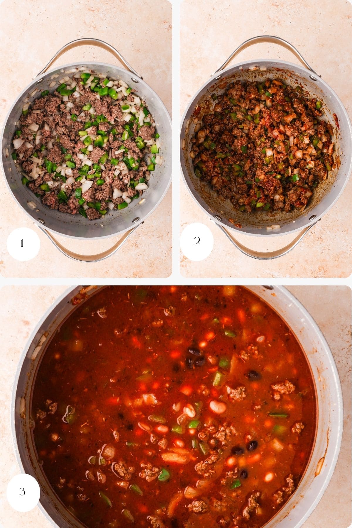 Three-step collage showing bison chili being made: 1) Ground bison, onions, and green peppers cooking in a pot; 2) Spices and tomatoes added and mixed in; 3) Finished chili simmering with beans and a rich red broth.