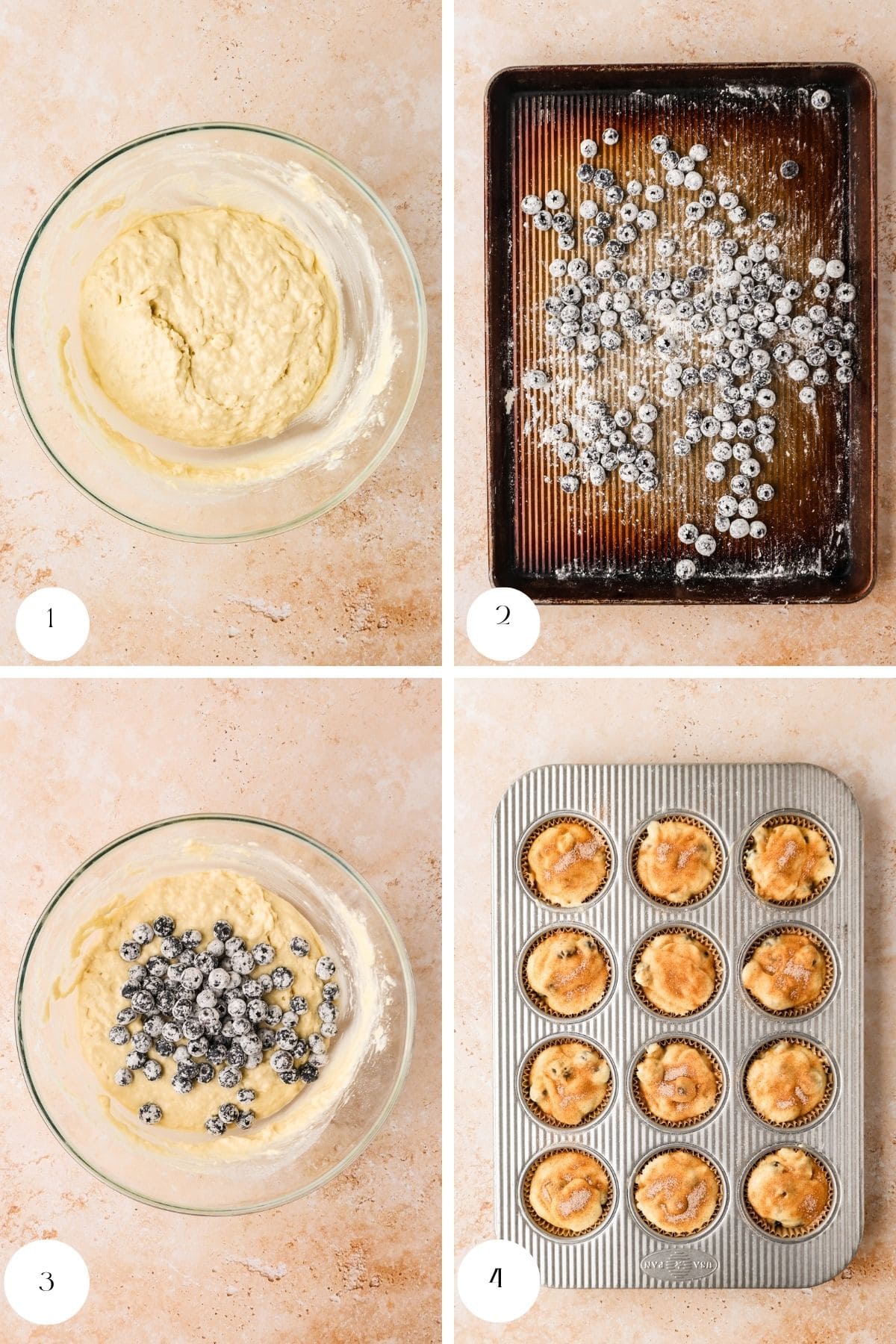 Four-step collage showing Muffins preparation: 1) Bowl of muffin batter, 2) Blueberries coated in flour on a baking tray, 3) Blueberries mixed into batter, 4) Baked muffins cooling in a muffin tin.