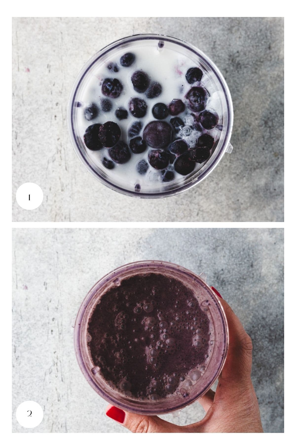 Top image: Overhead view of a blender cup filled with blueberries, milk, and Greek yogurt. Bottom image: Overhead view of a hand holding the same cup, now filled with a creamy blueberry smoothie.