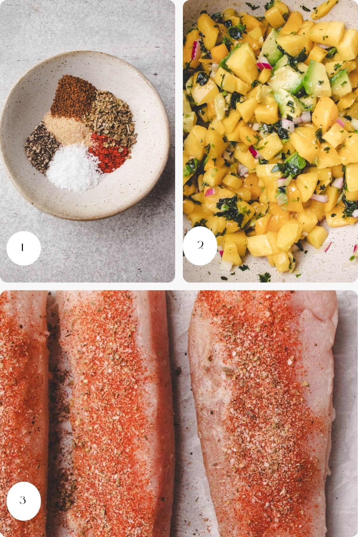 Three labeled steps: (1) a bowl with spices and seasonings, (2) a bowl of chopped mango salsa with herbs and onions, (3) two pieces of raw Mahi Mahi fillets coated in spice mixture—perfect for making Mahi Mahi with Mango Salsa.
