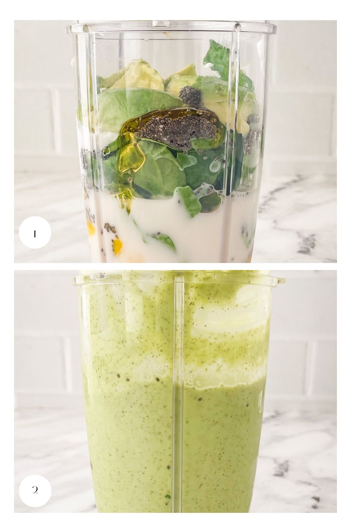 Two images: the top shows a blender cup filled with spinach, avocado, seeds, milk, and oil; the bottom shows the same cup after blending, now containing a smooth green smoothie.