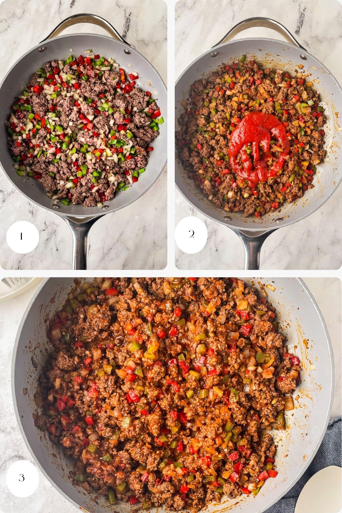Three images show steps to cook sugar free sloppy joe's filling with ground beef, chopped peppers, and onions in a skillet: first uncooked, then after adding tomato paste, and finally the finished, well-mixed cooked beef filling.