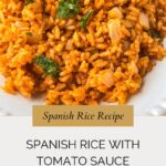 A plate of spanish rice with tomato sauce, garnished with chopped parsley. The orange rice is mixed with small pieces of onion. Text overlay reads Spanish Rice Recipe: Spanish Rice with Tomato Sauce (No Bouillon).