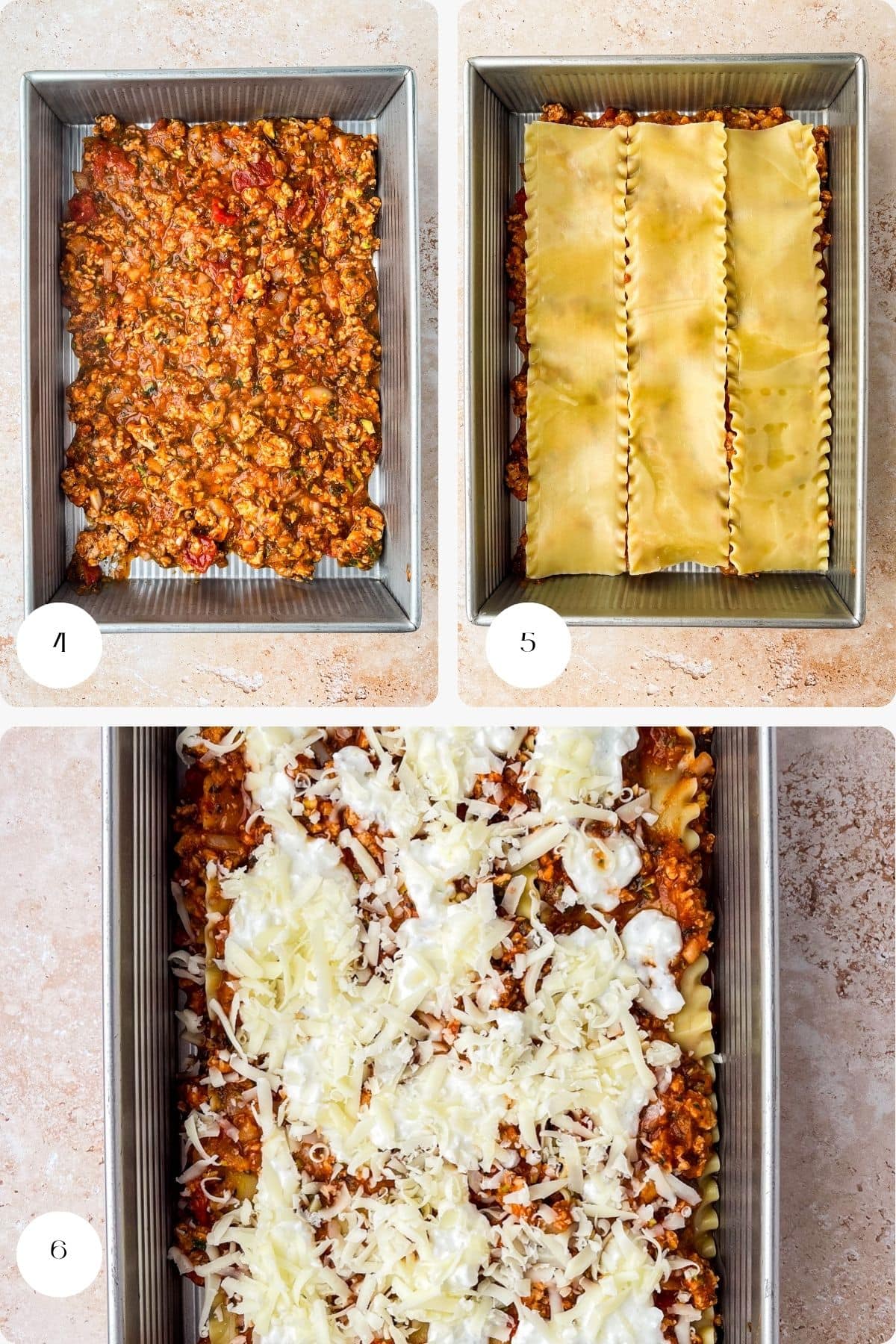 Three-step collage showing Ground Chicken Lasagna assembly: first, meat sauce spread in a baking pan; second, uncooked lasagna noodles layered on top; third, lasagna topped with sauce and shredded cheese, ready for baking.