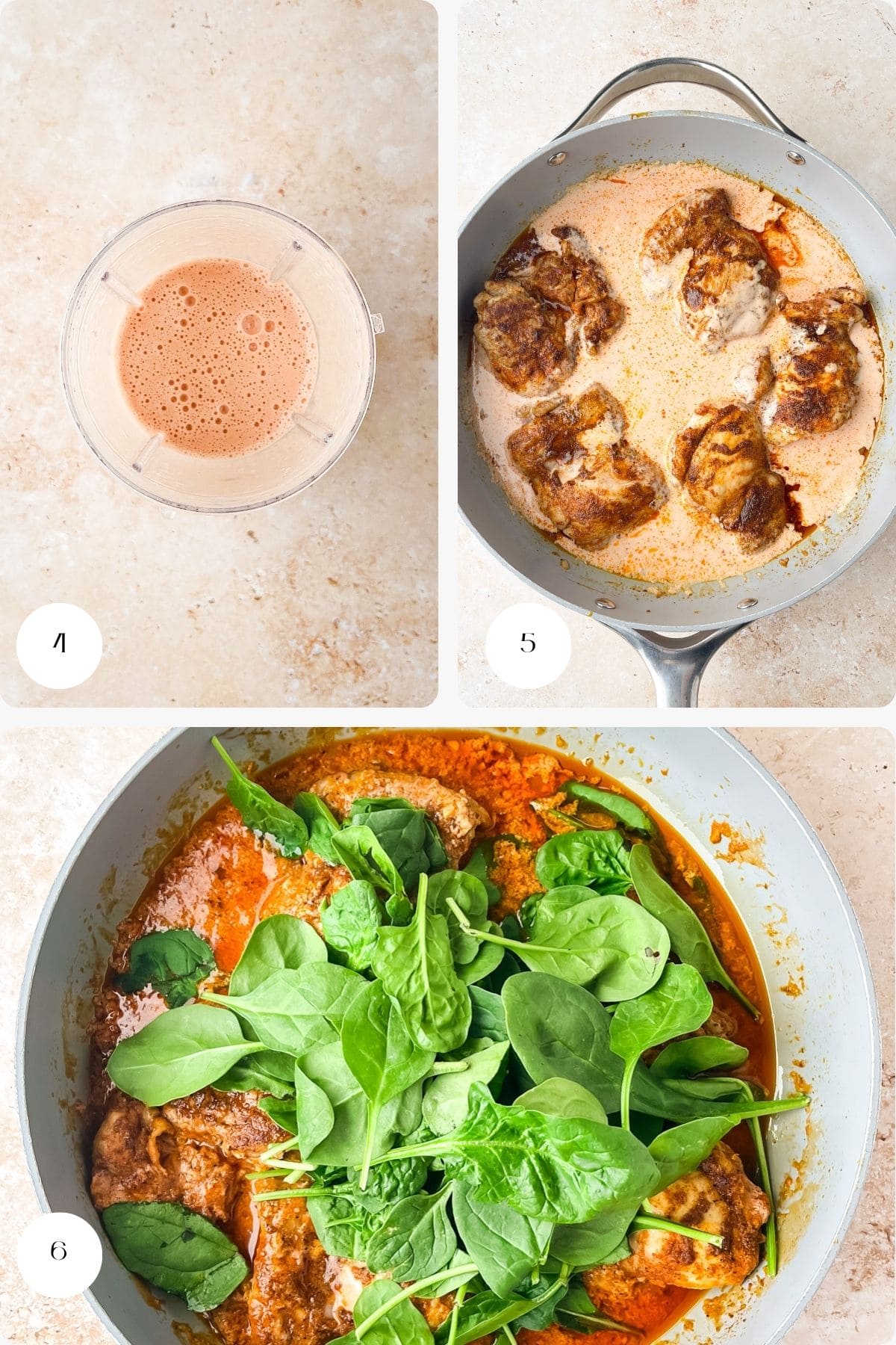 Three-step recipe process: 1) A blender cup with a creamy orange sauce. 2) Meatballs simmering in the sauce in a skillet. 3) Fresh spinach added to the skillet with meatballs and sauce.