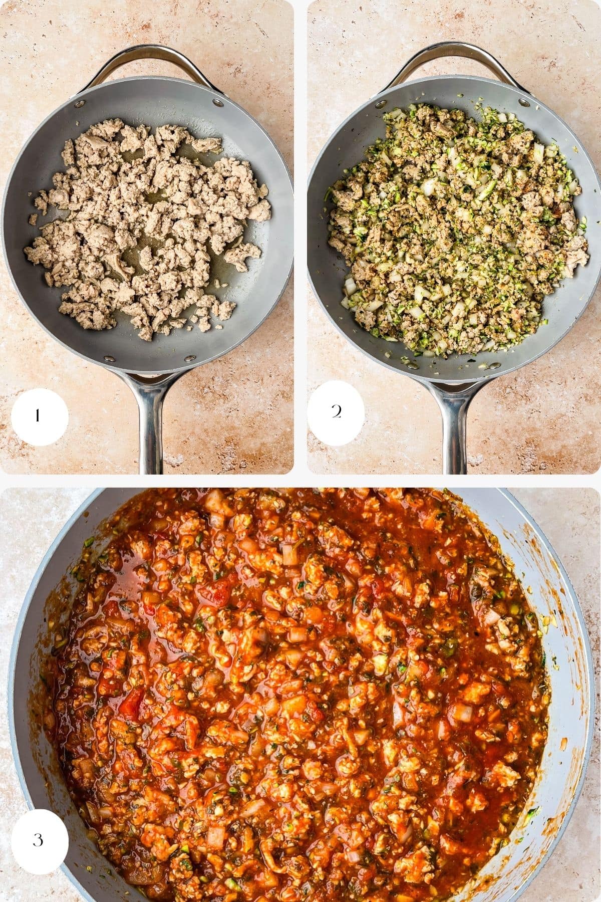 Three numbered images show a skillet cooking process: 1) ground turkey browning, 2) chopped vegetables added to the meat, 3) finished turkey and vegetable mixture in a tomato-based sauce, perfect for recipes like Ground Chicken Lasagna.